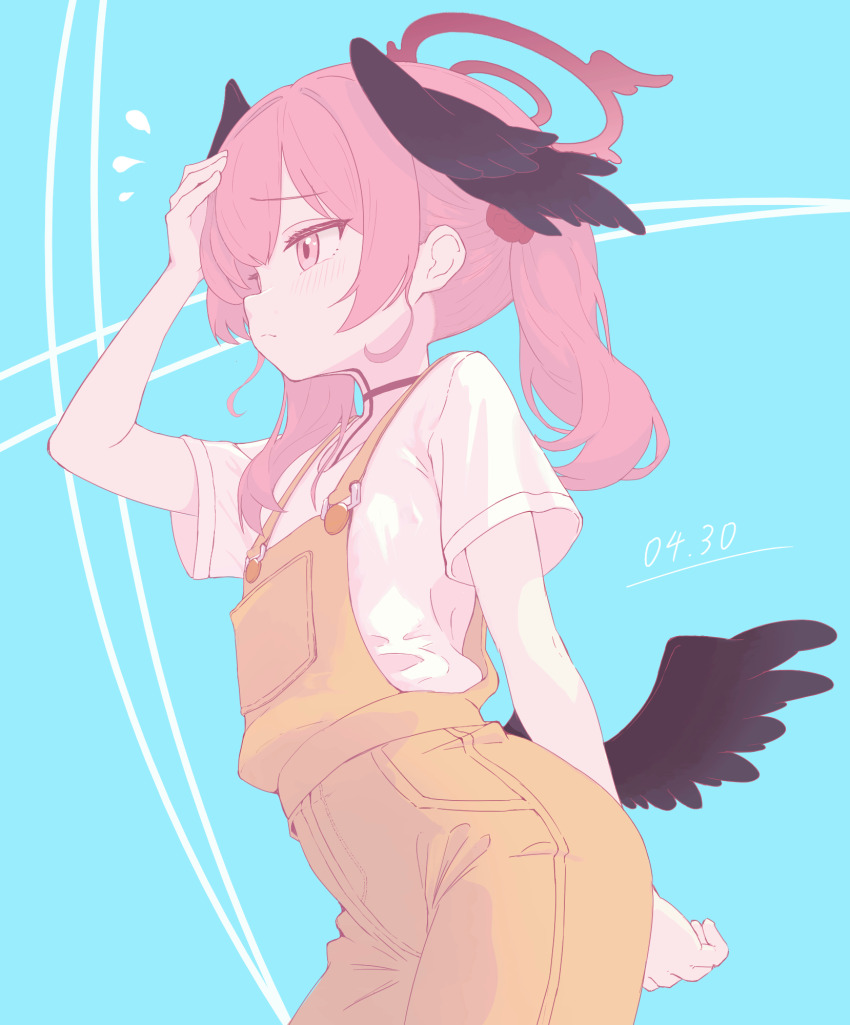 1girl alternate_costume arm_behind_back black_wings blue_archive blue_background blush chobiii7 commentary_request cowboy_shot dated flying_sweatdrops halo hand_in_own_hair head_wings highres koharu_(blue_archive) low_wings overalls pink_eyes pink_hair red_halo rns shirt short_sleeves solo standing twintails white_shirt wings yellow_overalls