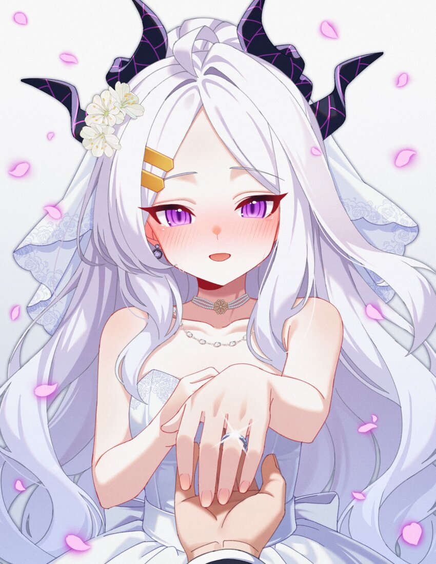 1boy 1girl ahoge blue_archive breasts demon_girl demon_horns dress happy_tears highres hina_(blue_archive) horns jewelry karaage_(xxxmido02) long_hair looking_at_viewer purple_eyes ring sensei_(blue_archive) small_breasts tears wedding_dress wedding_ring white_hair