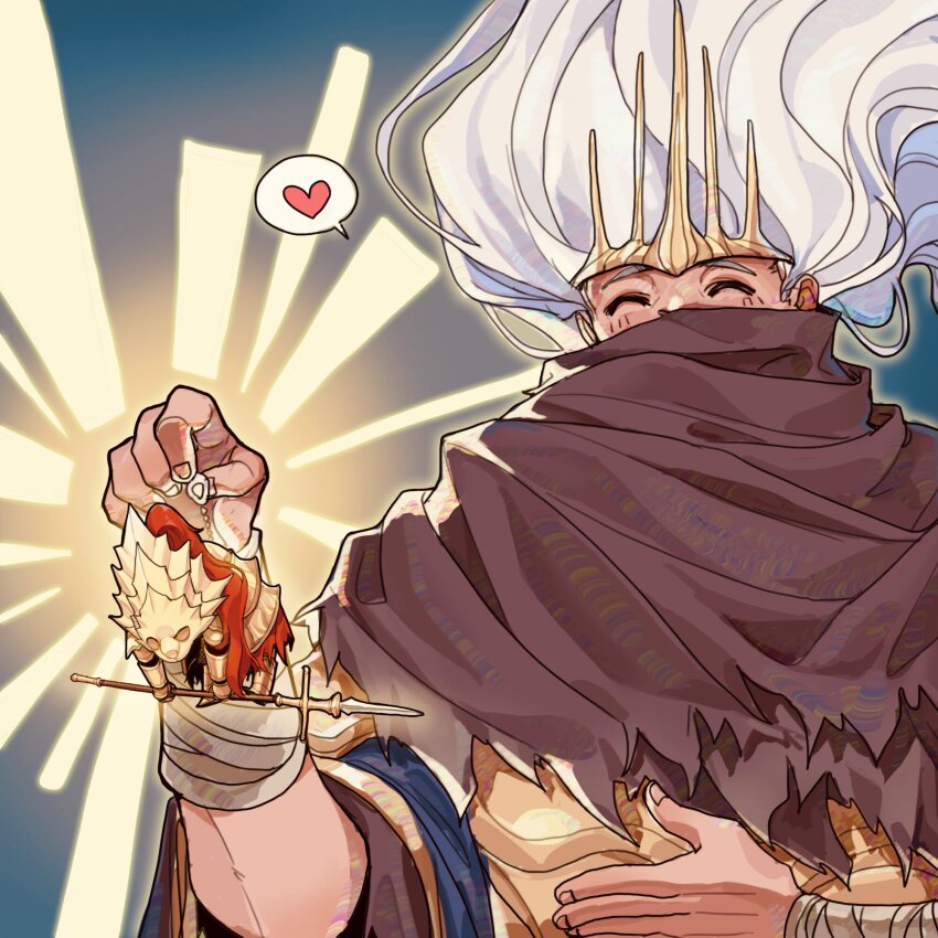 2boys armor bandaged_arm bandages carrying carrying_person commentary crown dark_souls_(series) dark_souls_i dark_souls_iii dragon_slayer_ornstein full_armor full_body gold_armor gold_crown heart highres holding holding_polearm holding_weapon long_hair male_focus multiple_boys nameless_king neckerchief polearm purple_neckerchief spoken_heart symbol-only_commentary tworain_w weapon white_hair wide_sleeves