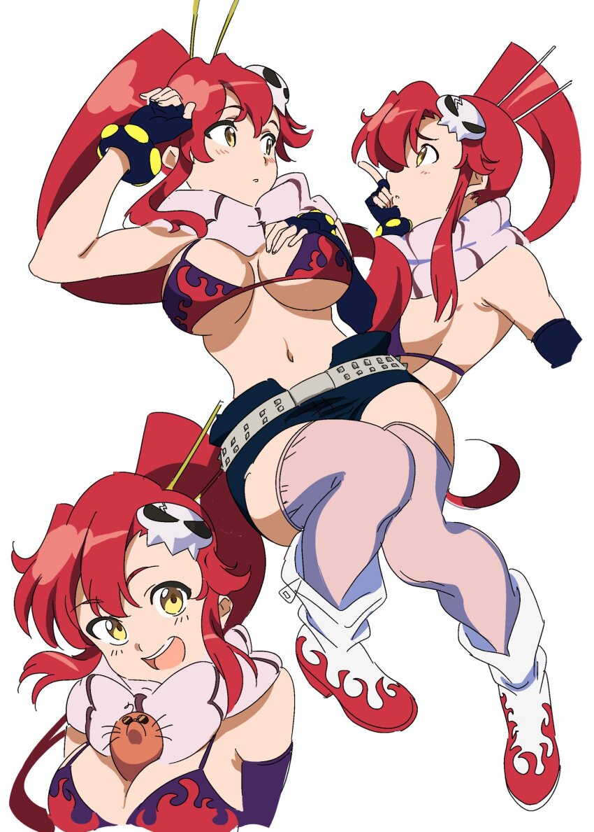 1girl :d bazz000033 bikini black_bikini black_gloves black_short boota_(ttgl) breasts fingerless_gloves gloves hair_ornament hair_stick highres large_breasts long_hair looking_at_viewer navel open_mouth pink_scarf pink_thighhighs red_hair scarf simple_background smile solo swimsuit tengen_toppa_gurren_lagann thighhighs white_background yellow_eyes yoko_littner