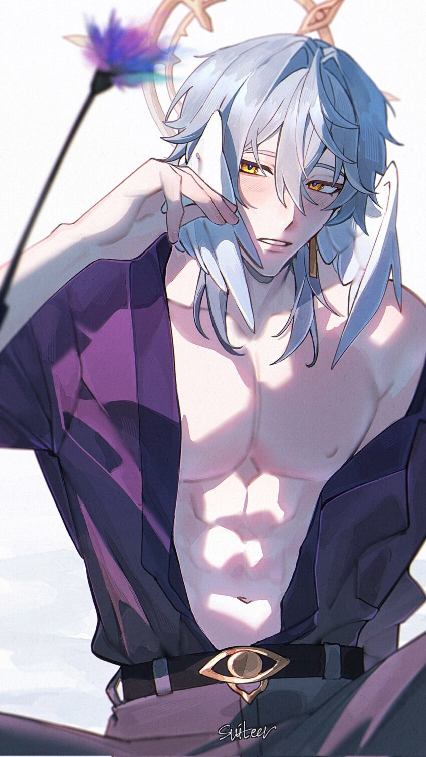 1boy artist_name belt black_belt blue_hair collarbone feathered_wings grey_pants hair_between_eyes hair_intakes halo halo_behind_head hand_up head_wings highres honkai:_star_rail honkai_(series) long_hair looking_to_the_side male_focus moonya open_clothes open_shirt pants parted_lips pectorals purple_shirt shirt shirt_tucked_in solo stomach sunday_(honkai:_star_rail) white_background white_wings wings yellow_eyes