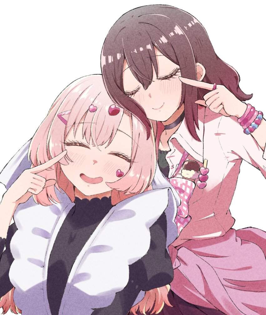 2girls :d ^_^ bead_bracelet beads black_choker blush bow bowtie bracelet brown_hair choker closed_eyes clothes_around_waist commentary cosplay costume_switch facial_mark facing_viewer female_focus finger_to_face frills gyaru hair_ornament hairclip heart heart_facial_mark heart_hair_ornament highres jacket jacket_around_waist jewelry juliet_sleeves kedarui_aashii kedarui_aashii_(cosplay) kimi_no_koto_ga_dai_dai_dai_dai_daisuki_na_100-nin_no_kanojo kogal long_hair long_sleeves loose_bowtie mark_under_eye meido_mei meido_mei_(cosplay) multiple_girls nanraka open_mouth pink_bow pink_hair pink_jacket puffy_sleeves ring shirt simple_background smile trait_connection white_background white_shirt wing_collar