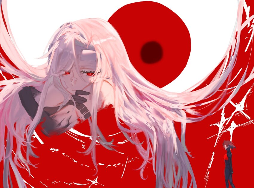 2girls android ariane_yeong black_hair blood cyberpunk elster_(signalis) highres joints lillian_soda long_hair metal_skin multiple_girls red_eyes robot_girl robot_joints science_fiction short_hair signalis white_hair yuri