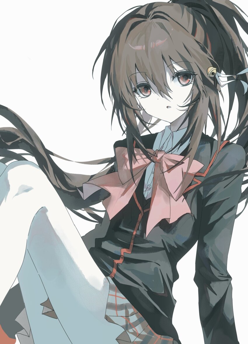 1girl bell black_jacket black_sailor_collar blazer bow bowtie brown_hair collared_shirt feet_out_of_frame gegadi hair_bell hair_ornament hashtag-only_commentary highres jacket knees_up little_busters! little_busters!_school_uniform long_hair long_sleeves looking_at_viewer miniskirt natsume_rin open_mouth pink_bow plaid_clothes plaid_skirt ponytail red_eyes red_trim sailor_collar school_uniform shirt sidelocks simple_background sitting skirt solo very_long_hair white_background white_shirt