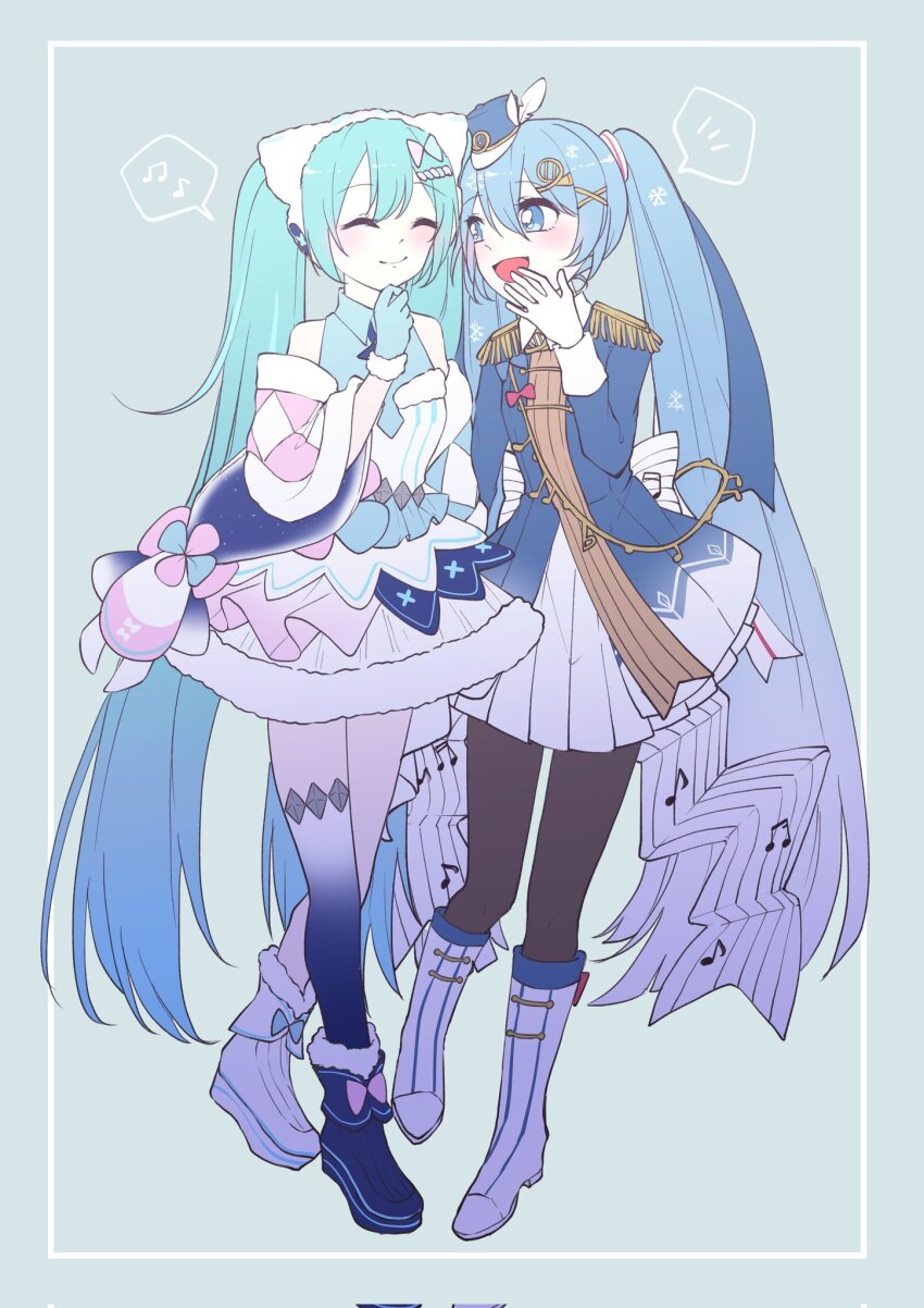 2girls aiguillette aqua_background aqua_hair argyle_clothes argyle_sleeves asymmetrical_footwear band_uniform bare_shoulders beamed_eighth_notes black_pantyhose blue_bow blue_bowtie blue_eyes blue_footwear blue_gloves blue_hair blue_headwear blue_ribbon blue_thighhighs blush boots border bow bowtie closed_eyes colored_skin commentary corrupted_twitter_file covering_own_mouth detached_sleeves dress dual_persona earmuffs eighth_note epaulettes full_body fur-trimmed_boots fur-trimmed_dress fur-trimmed_gloves fur-trimmed_headwear fur-trimmed_sleeves fur_trim gloves gradient_legwear hair_ornament hair_ribbon hairclip hand_on_own_chin hand_over_own_mouth hat_feather hatsune_miku highres instrument_hair_ornament knee_boots light_blue_hair long_hair looking_at_another magical_mirai_(vocaloid) magical_mirai_miku magical_mirai_miku_(2020_winter) mini_hat mini_shako_cap mismatched_footwear multiple_girls musical_note musical_note_print notice_lines open_mouth pantyhose pink_sleeves pleated_skirt red_bow red_bowtie ribbon shako_cap side-by-side single_thighhigh skirt sleeveless sleeveless_dress smile snowflake_print speech_bubble spoken_musical_note spoken_notice_lines standing striped_bow striped_ribbon thighhighs twintails very_long_hair vocaloid whispering white_border white_dress white_footwear white_gloves white_ribbon white_skin white_skirt white_sleeves white_thighhighs x_hair_ornament yuki_miku yuki_miku_(2020) yurimozyu2038