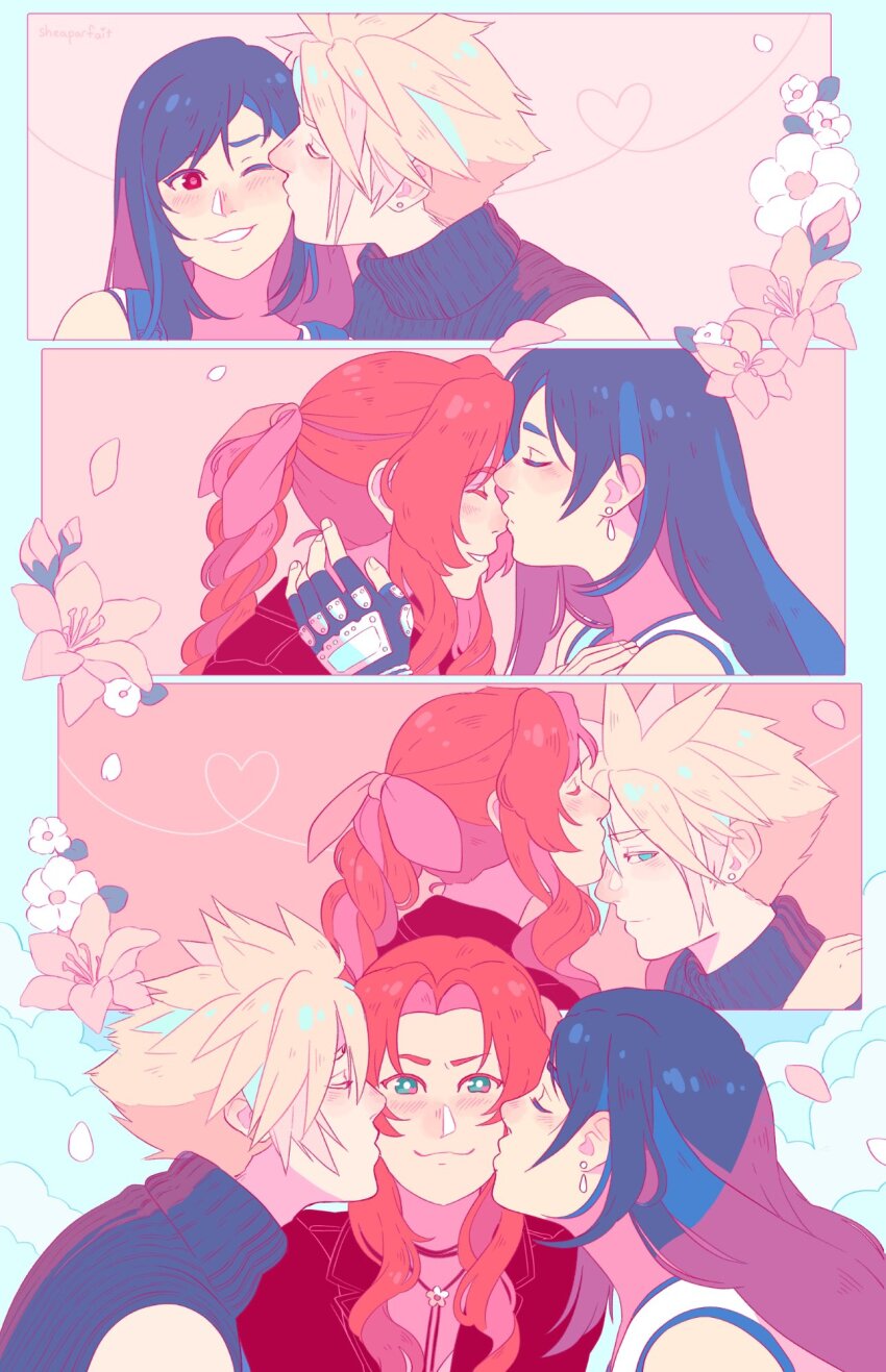 1boy 2girls :3 aerith_gainsborough bisexual_female black_hair blonde_hair blush bow braid braided_ponytail brown_hair cheek_kiss cloud_strife double_cheek_kiss final_fantasy final_fantasy_vii final_fantasy_vii_remake hair_bow highres kiss kissing_cheek kissing_forehead kissing_nose multiple_girls pink_bow polygamy shea.parfait smile spiked_hair tifa_lockhart upper_body