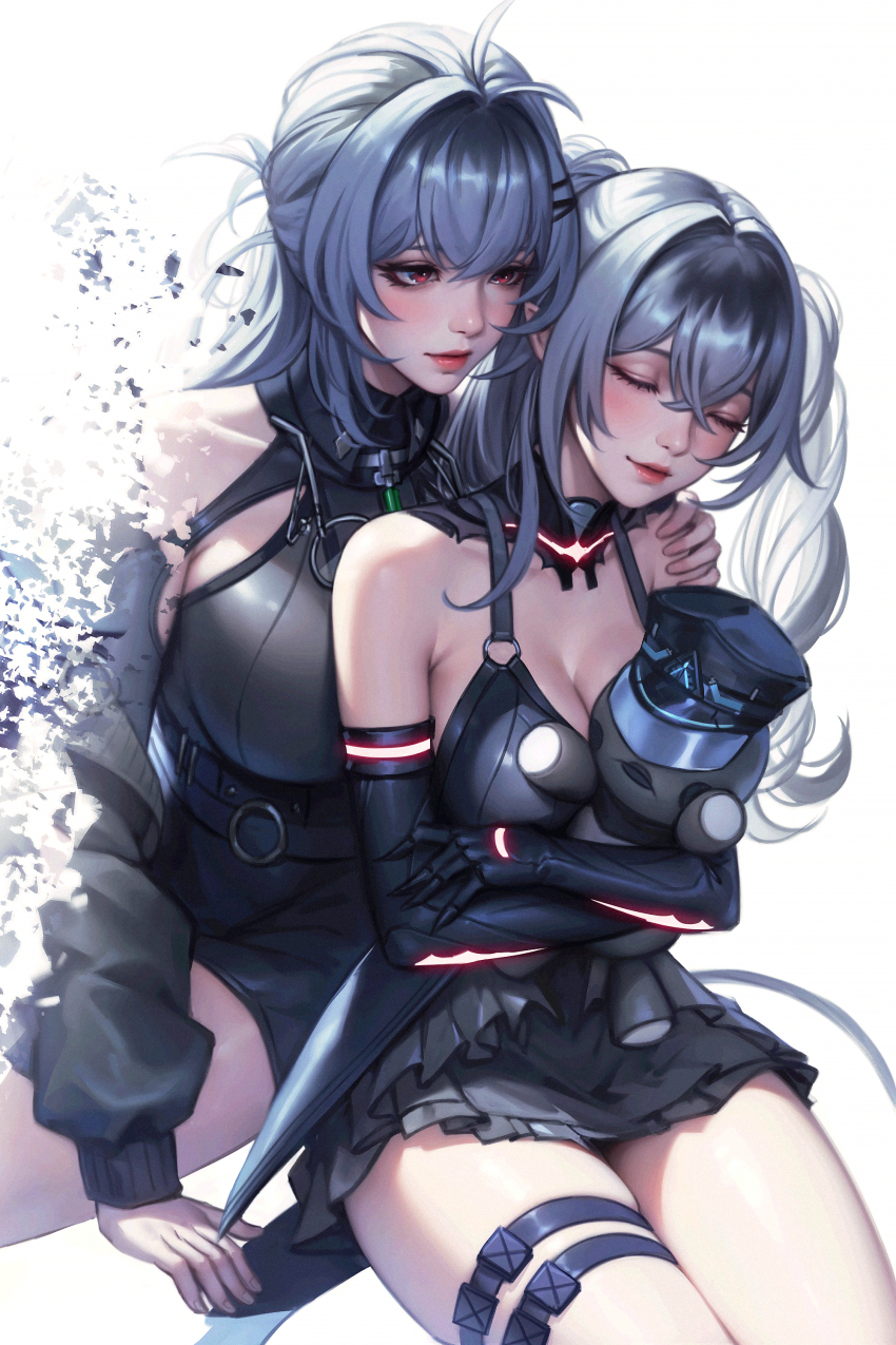 2girls absurdres bare_shoulders black_dress black_gloves breasts character_request check_character chinese_commentary cleavage closed_eyes closed_mouth commentary_request disintegration dress elbow_gloves gloves grey_hair highres hugging_doll hugging_object jetavie:_daybreak_(pgr) jetavie_(pgr) large_breasts long_hair long_sleeves looking_at_another multiple_girls original pointy_ears punishing:_gray_raven realistic red_eyes smile wo_jiushi_kanbudong