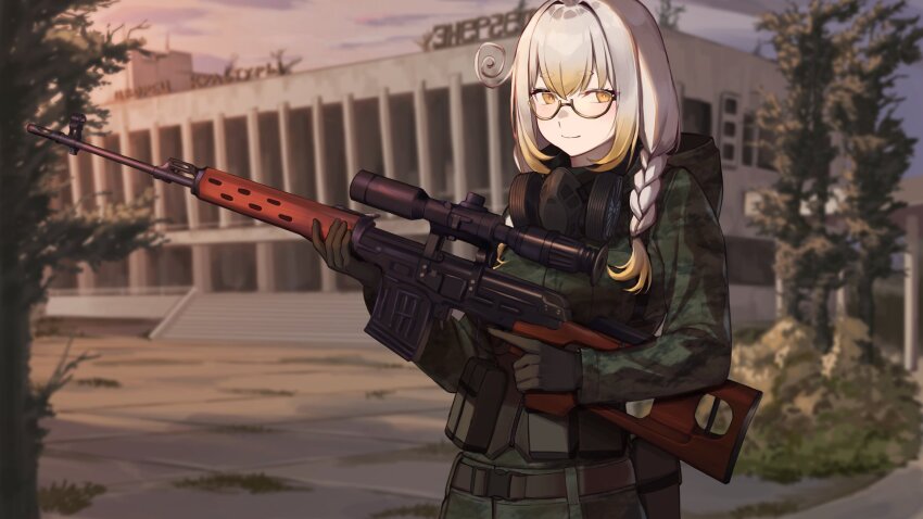 1girl 3_small_spiders belt black_gloves blonde_hair blush braid brown_belt camouflage camouflage_jacket camouflage_pants closed_mouth commentary dragunov_svd english_commentary feet_out_of_frame gas_mask glasses gloves gun highres holding holding_gun holding_weapon indie_virtual_youtuber jacket kanna_yanagi long_hair looking_at_viewer mask mask_around_neck military_uniform pants pixellink rifle scope sidelocks single_braid smile sniper_rifle solo stalker_(game) stalker_2:_heart_of_chornobyl standing virtual_youtuber weapon yellow_eyes