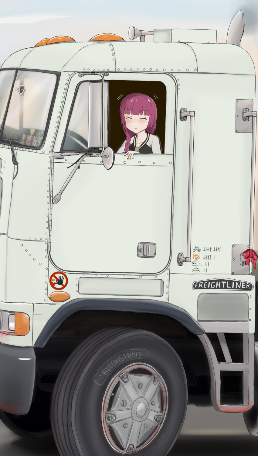 1girl absurdres black_jacket blunt_bangs blush bocchi_the_rock! braid brand_name_imitation bridgestone closed_eyes exhaust freightliner freightliner_flb gotoh_hitori gotoh_hitori_(tsuchinoko) highres hiroi_kikuri jacket long_hair motor_vehicle multicolored_jacket open_clothes open_jacket outdoors pan_deazucar parted_lips purple_hair red_ribbon ribbon semi_truck single_braid smoke solo steering_wheel truck two-tone_jacket white_jacket