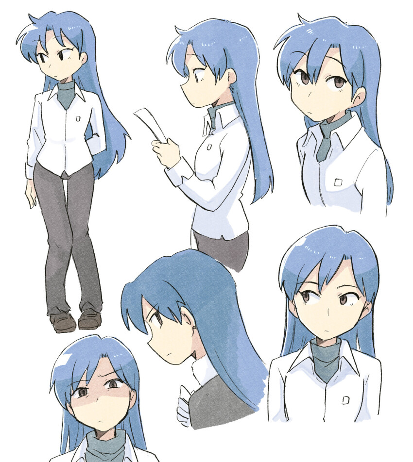 1girl black_pantyhose black_shoes blue_hair brown_eyes closed_mouth collared_shirt highres idolmaster idolmaster_(classic) idolmaster_1 kisaragi_chihaya long_hair long_sleeves looking_at_viewer messy_hair multiple_views pantyhose partially_shaded_face scowl shirt shoes simple_background standing tsubobot white_background white_shirt
