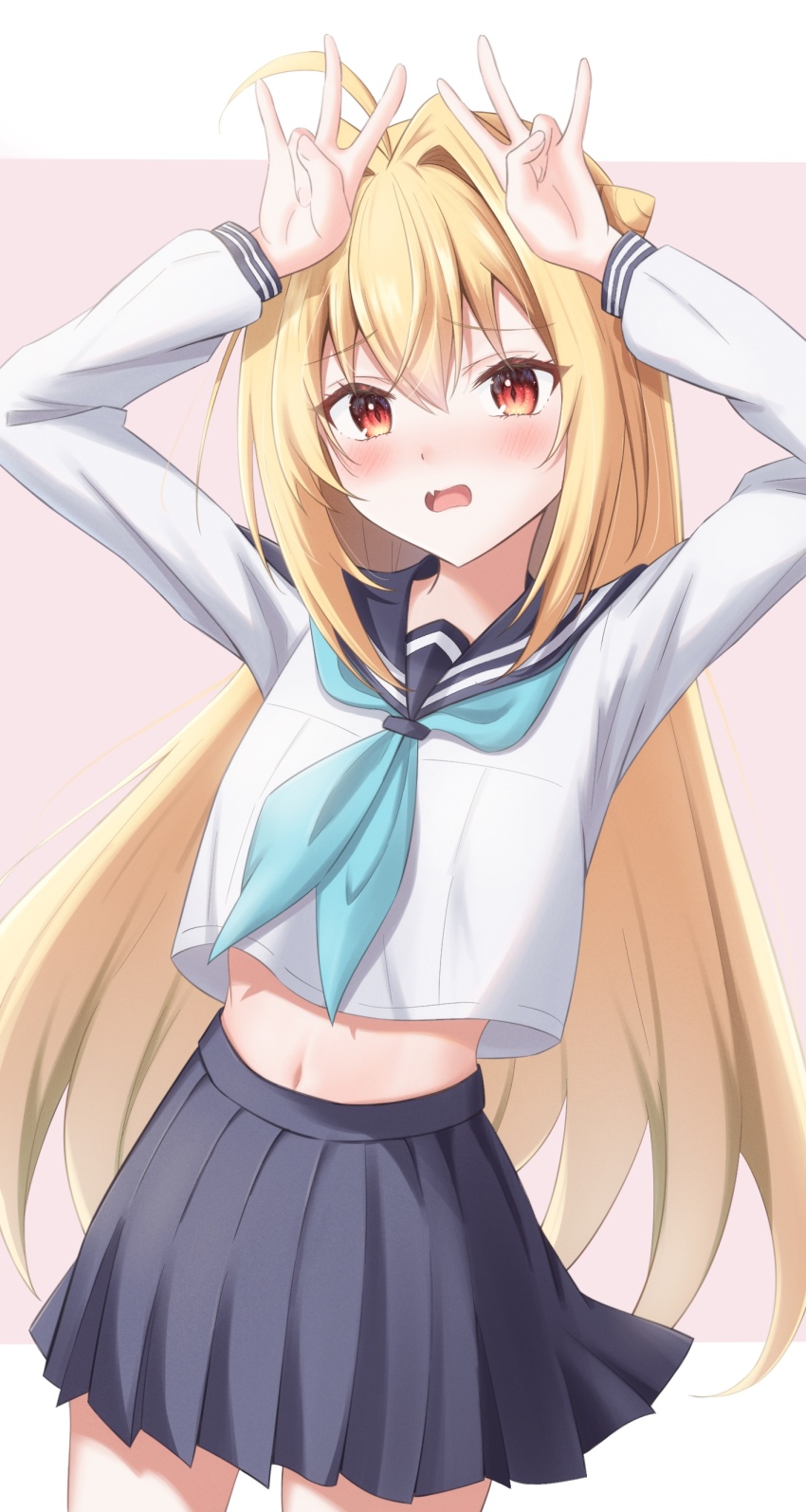 1girl absurdres ahoge alternate_costume aqua_neckerchief black_sailor_collar black_skirt blonde_hair blush commentary cone_hair_bun cowboy_shot dancing double_bun embarrassed eyelashes fang furrowed_brow hair_between_eyes hair_bun hair_intakes highres hikikomari_kyuuketsuki_no_monmon koshi_torako long_hair long_sleeves looking_at_viewer midriff miniskirt miyuki_kotori navel neckerchief open_mouth parody pink_background pleated_skirt red_eyes sailor_collar school_uniform serafuku shikanoko_nokonoko_koshitantan shirt sidelocks simple_background skin_fang skirt slit_pupils solo straight_hair terakomari_gandezblood very_long_hair white_shirt