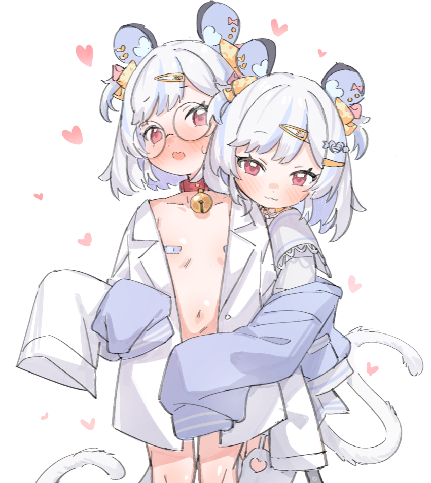 2girls animal_ears bell blush clone closed_mouth commentary english_commentary flat_chest glasses grey_hair hair_ornament hairclip heart highres indie_virtual_youtuber jingle_bell loli long_sleeves looking_at_viewer maplesights mouse_ears mouse_girl mouse_tail multiple_girls navel neck_bell nemimi_yane open_mouth red_eyes round_eyewear shirt short_hair simple_background sleeves_past_fingers sleeves_past_wrists tail two_side_up white_background white_shirt