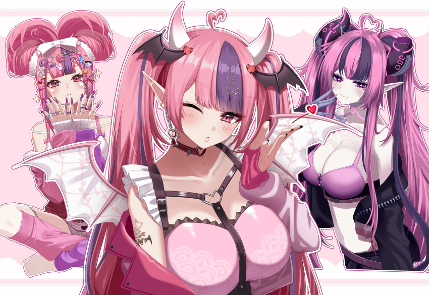 1girl absurdres ahoge black_jacket black_nails black_pants blush breasts broken_horn choker closed_mouth decora demon_girl demon_wings earrings fingerless_gloves fishnet_gloves fishnets gloves hair_ornament head_wings heart heart_ahoge heart_choker heart_earrings heart_hair_ornament highres horns ironmouse ironmouse_(demon_form) ironmouse_outfit_art_contest jacket jewelry large_breasts leg_warmers looking_at_viewer multiple_wings nail_polish o-ring o-ring_choker pants pink_gloves pink_jacket pink_leg_warmers pink_shirt red_choker red_eyes shirt smile solo takamiya_nao virtual_youtuber vshojo wings