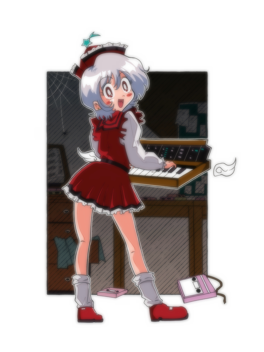 1990s_(style) 1girl :d absurdres blush blush_stickers bright_pupils bug cassette_tape chest_of_drawers commentary_request drawer dress eyelashes full_body grey_hair hat highres instrument keyboard_(instrument) looking_at_viewer looking_back lyrica_prismriver miwijag1997 music open_drawer open_mouth outline paper playing_instrument red_dress red_eyes red_hat red_shoes retro_artstyle shoes short_hair silk smile socks solo spider spider_web standing star_(symbol) table touhou white_outline white_pupils white_socks