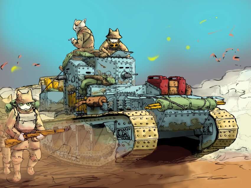 4boys bolt_action caterpillar_tracks exhaust_pipe gun highres holding holding_gun holding_weapon jerry_can lee-enfield machine_gun mark_a_whippet maxim_gun military_vehicle motor_vehicle multiple_boys original rifle tank toolbox vehicle_focus weapon yabarn
