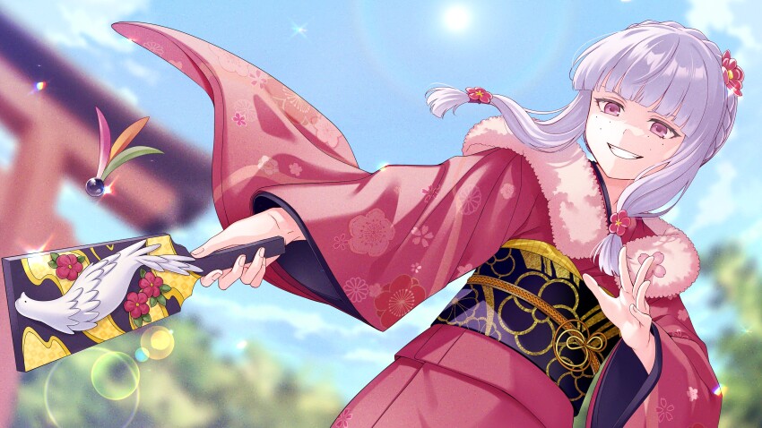 1girl absurdres agria_(new_year)_(tales) agria_(tales) blunt_bangs braid commission e_(eokiba) floral_print flower flower_pin freckles fur-trimmed_kimono fur_trim hagoita hair_flower hair_ornament hane_(hanetsuki) hanetsuki highres japanese_clothes kimono long_hair obijime outdoors paddle purple_eyes red_kimono sidelocks smile solo solo_focus sun tales_of_(series) tales_of_asteria tales_of_xillia torii white_hair
