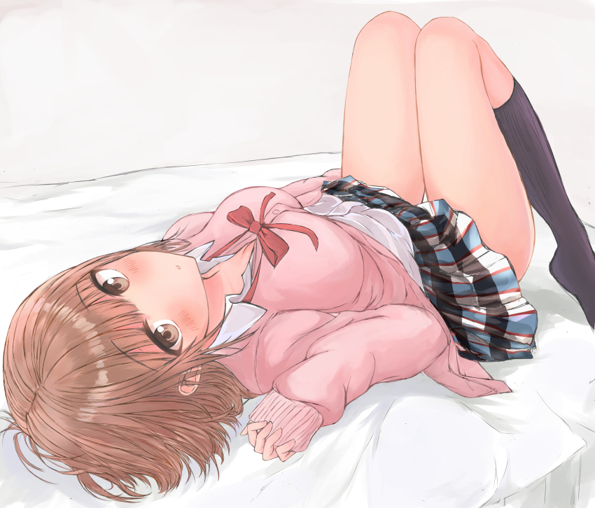 1girl bed_sheet blush breasts brown_eyes brown_hair cardigan cleavage closed_mouth collared_shirt commentary feet_out_of_frame fleur_(fleur26192188) highres isshiki_iroha knees_together_feet_apart knees_up looking_at_viewer looking_back lying medium_breasts miniskirt neck_ribbon on_back pink_cardigan plaid_clothes plaid_skirt pleated_skirt red_ribbon ribbon school_uniform shirt short_hair skirt sobu_high_school_uniform solo thighs white_shirt yahari_ore_no_seishun_lovecome_wa_machigatteiru.