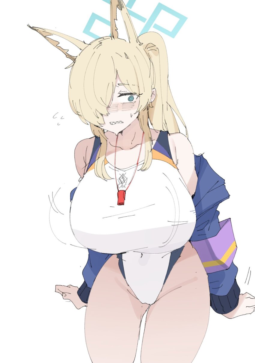 @_@ animal_ear_fluff animal_ears armband bare_shoulders blonde_hair blue_archive blue_halo breasts clenched_hands collarbone competition_swimsuit curled_fingers dog_ears dog_girl embarrassed extra_ears fidgeting flying_sweatdrops gurenola hair_over_one_eye hair_over_shoulder halo highleg highleg_one-piece_swimsuit highres huge_breasts jacket kanna_(blue_archive) kanna_(swimsuit)_(blue_archive) lanyard long_hair looking_to_the_side motion_lines notched_ear official_alternate_costume one-piece_swimsuit open_clothes open_jacket ponytail purple_armband sharp_teeth standing swaying sweat swimsuit teeth thighs upper_body whistle whistle_around_neck white_one-piece_swimsuit