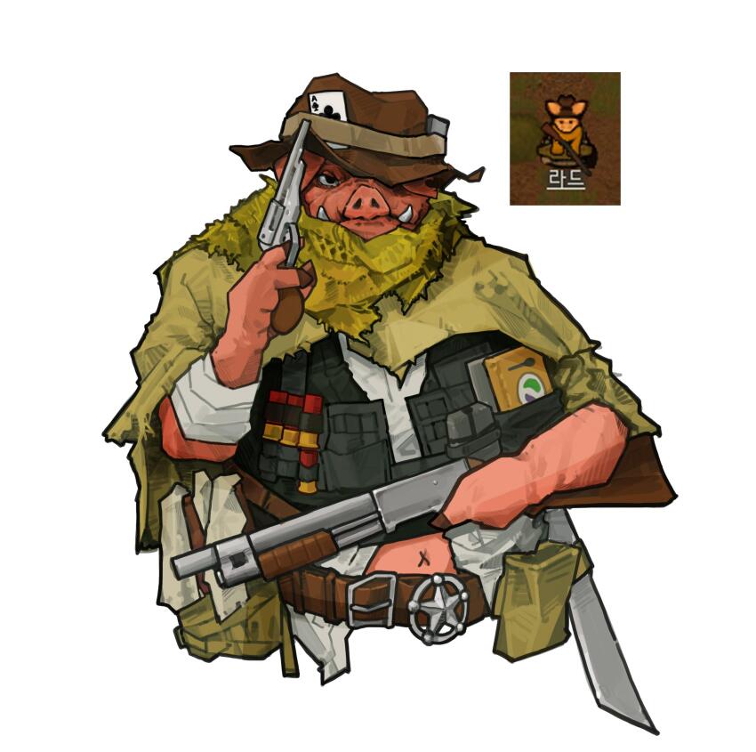 ammunition_pouch animal_ears bad_link cmyk-kim gun handgun highres machete pawn_(rimworld) pig_boy pig_ears pouch revolver rimworld sheriff_badge shotgun weapon