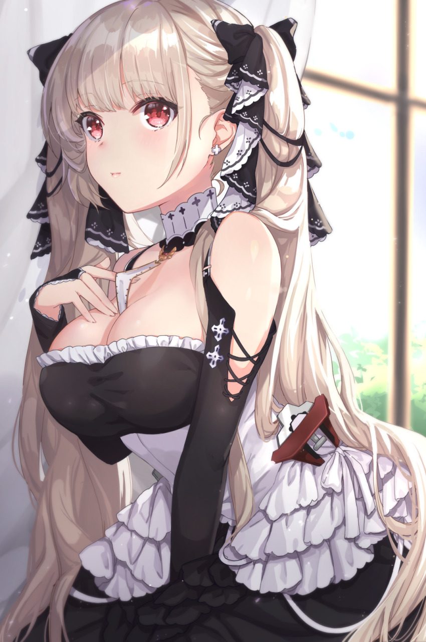 1girl azur_lane backlighting bare_shoulders between_breasts black_bow black_dress blurry blurry_background blush bow breasts bridal_gauntlets cleavage closed_mouth clothing_cutout commentary_request curtains day depth_of_field dress female_focus formidable_(azur_lane) hair_bow highres indoors kon_(k0n16) large_breasts leaning_forward light_brown_hair long_hair red_eyes shoulder_cutout solo twintails very_long_hair window
