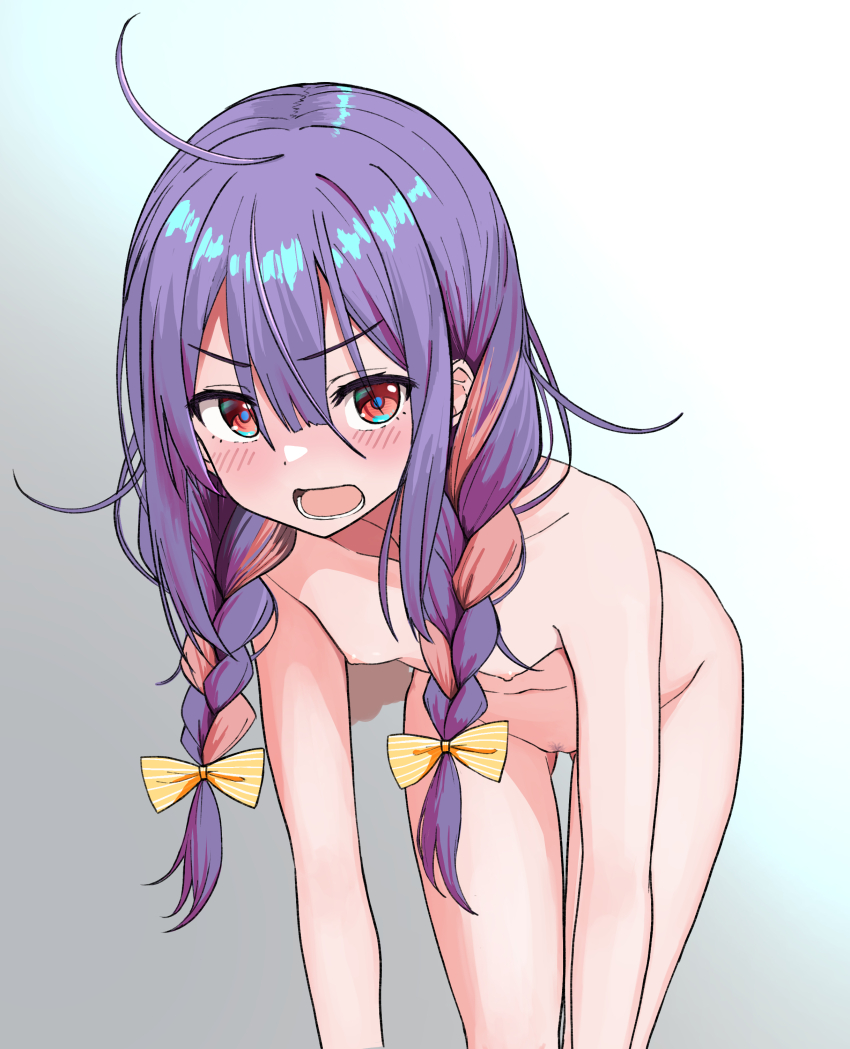 1girl absurdres ahoge bare_arms blush bow braid breasts collarbone completely_nude cowboy_shot female_pubic_hair gluteal_fold gradient_background hair_between_eyes hair_bow hair_over_shoulder highres leaning_forward long_hair looking_at_viewer lower_teeth_only messy_hair multicolored_hair navel nipples nude open_mouth original pubic_hair purple_hair red_eyes sidelocks small_breasts solo striped_bow teeth thigh_gap twin_braids two-tone_hair urushiushiru v-shaped_eyebrows yellow_bow