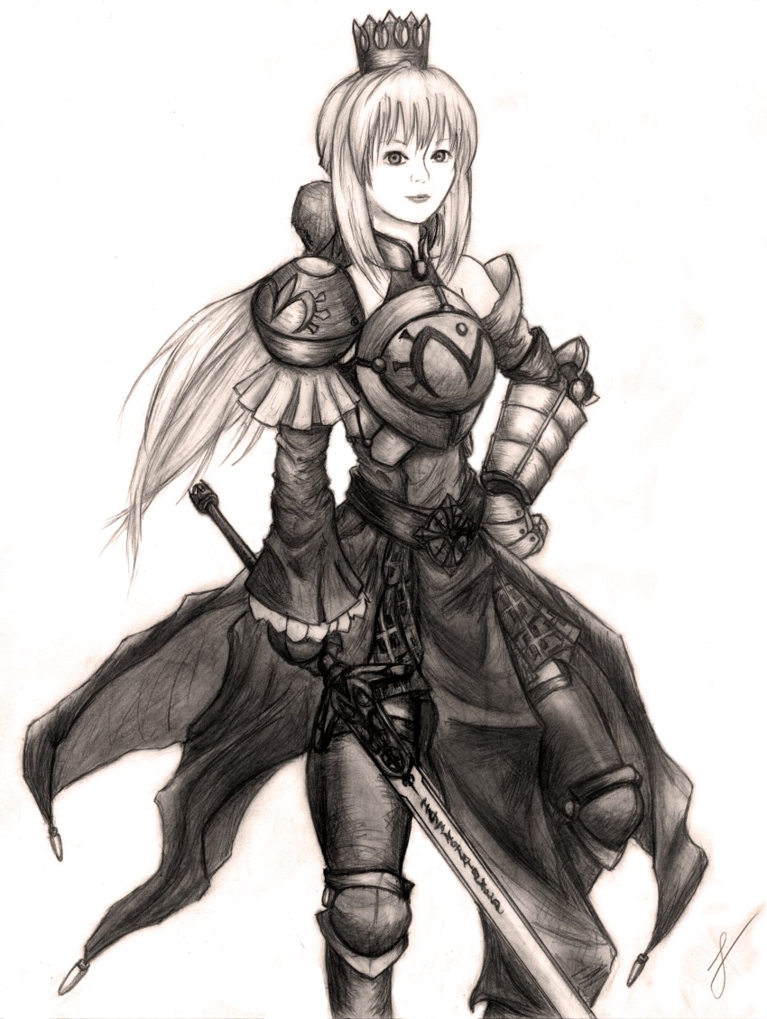 1girl absurdres alternate_costume armor artoria_pendragon_(fate) asymmetrical_armor breastplate breasts closed_mouth cosplay cowboy_shot crown dazzle_(shinkonryu) fate_(series) female_focus gauntlets greaves highres holding holding_sword holding_weapon knee_pads large_breasts long_hair looking_at_viewer maridah maridah_(dazzle) monochrome original saber_(fate) saber_(fate)_(cosplay) simple_background smile solo standing sword unsheathed weapon white_background wide_sleeves