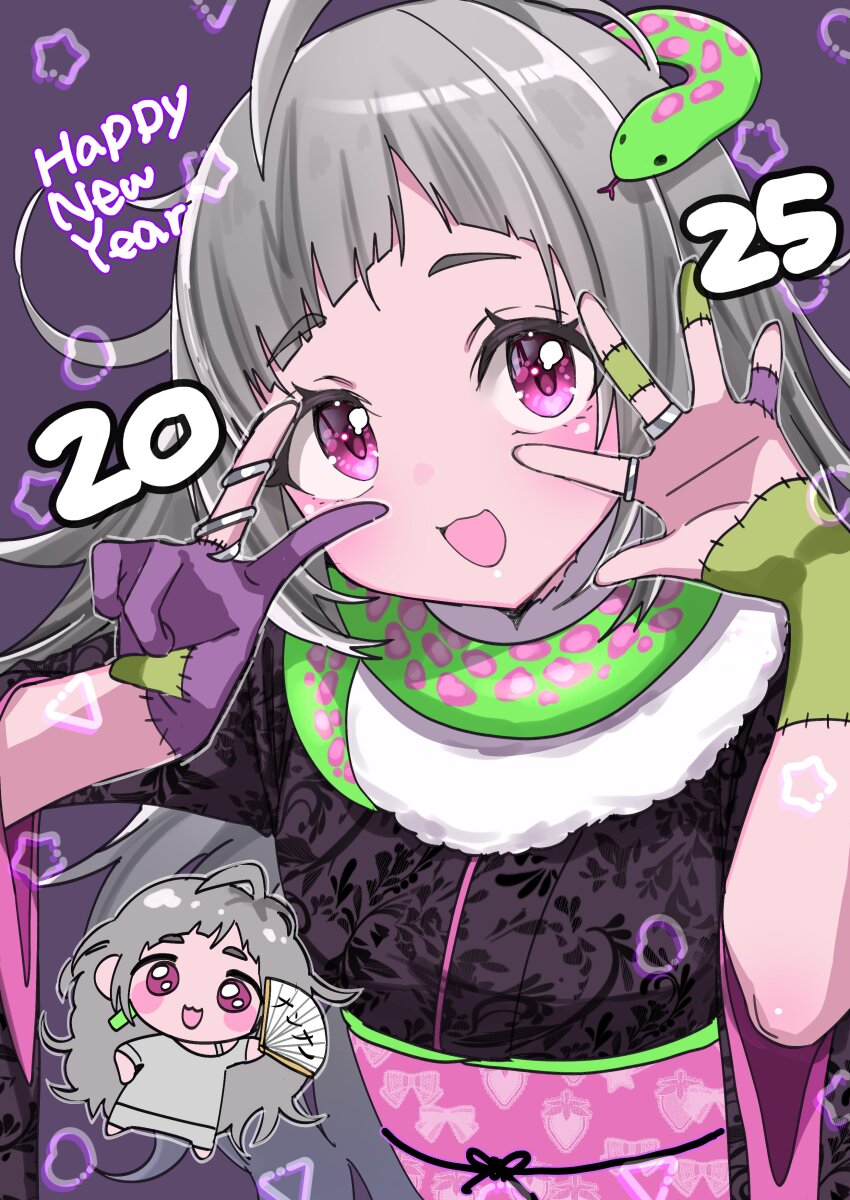 1girl 2025 absurdres ahoge alternate_costume animal animal_around_neck arched_bangs black_kimono blush chibi chibi_inset chinese_zodiac colored_skin floral_print floral_print_kimono fur_collar green_skin grey_hair happy_new_year highres huma_wat japanese_clothes jewelry kimono long_hair looking_at_viewer nanashi_inc. new_year obi open_mouth patchwork_skin pink_eyes pink_sash print_kimono purple_background purple_skin ring sash smile snake solo tamotsu_(mary) upper_body virtual_youtuber year_of_the_snake