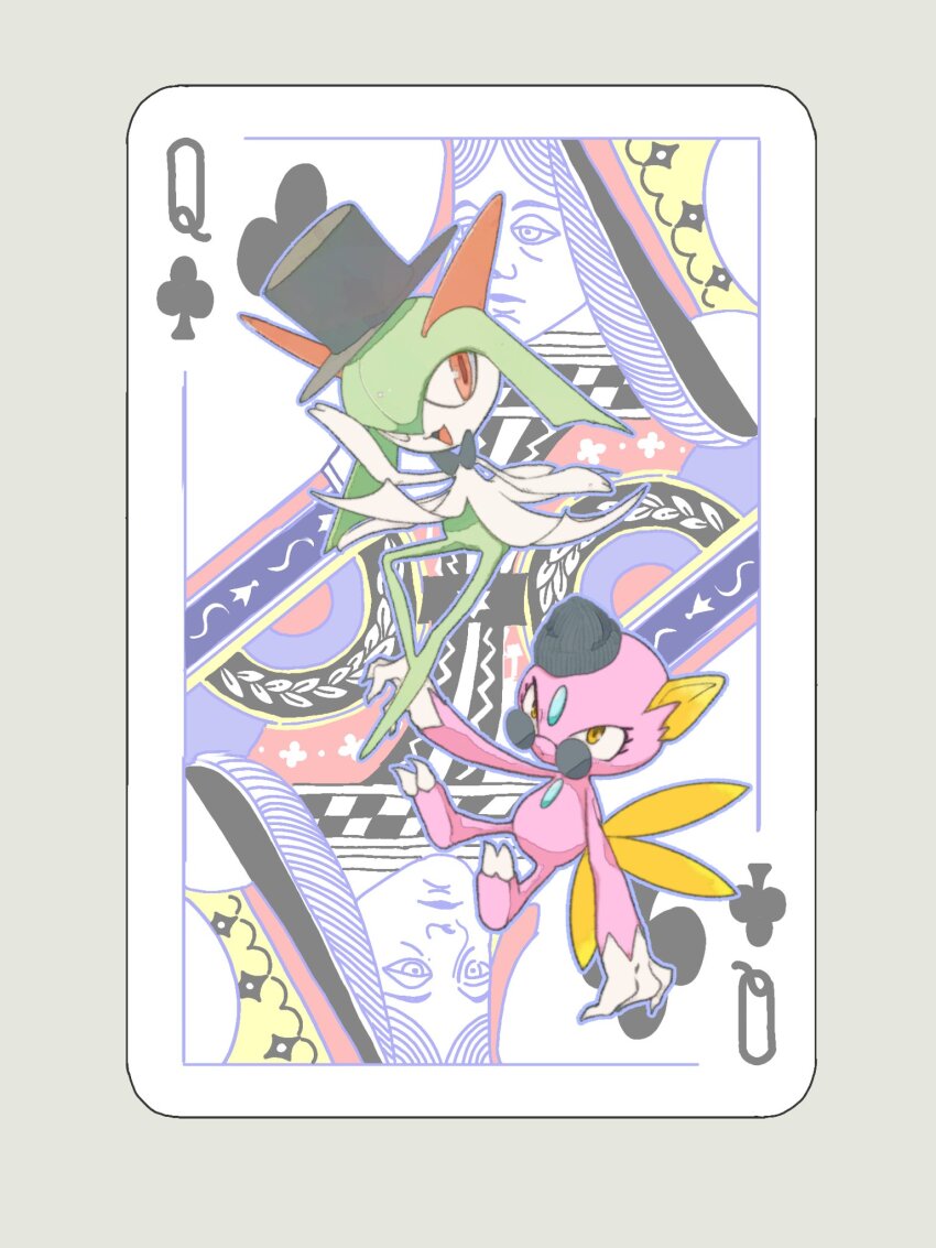 alternate_color black_bow black_hat bow bowtie card club_(shape) colored_skin gen_2_pokemon gen_3_pokemon green_hair green_skin hair_over_one_eye hat highres horns kirlia multicolored_skin mxlaghrsuk33yws nintendo pink_eyes pink_fur playing_card pokemon pokemon_(creature) queen_(playing_card) queen_of_clubs shiny_pokemon sidelocks sneasel two-tone_skin white_skin