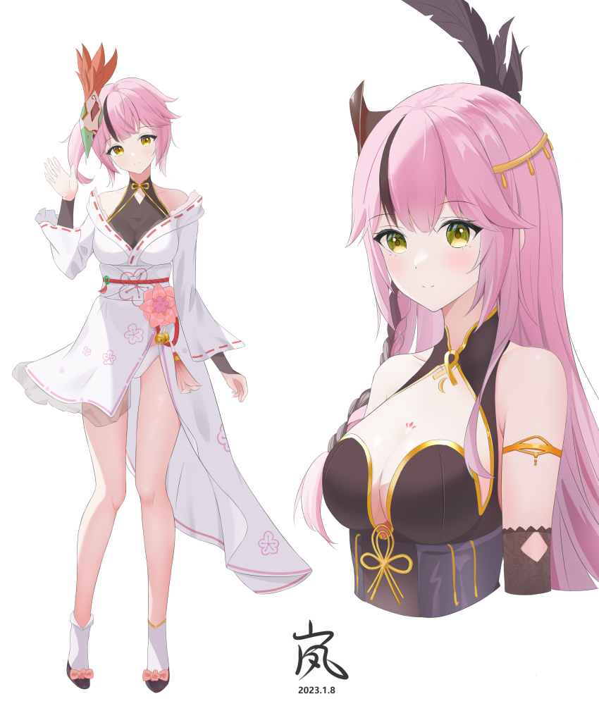 1girl absurdres bare_legs bare_shoulders black_shirt breasts cleavage cropped_torso dress feather_hair_ornament feathers full_body gold_trim green_eyes hair_ornament hand_up highres lan_(tower_of_fantasy) large_breasts long_hair long_sleeves looking_at_viewer multicolored_hair multiple_views off-shoulder_dress off_shoulder panties panty_peek pink_hair see-through_clothes see-through_cleavage shirt side_ponytail simple_background sleeveless sleeveless_shirt smile socks standing straight_hair streaked_hair thighs tower_of_fantasy undershirt underwear white_background white_dress white_panties white_socks xiatian