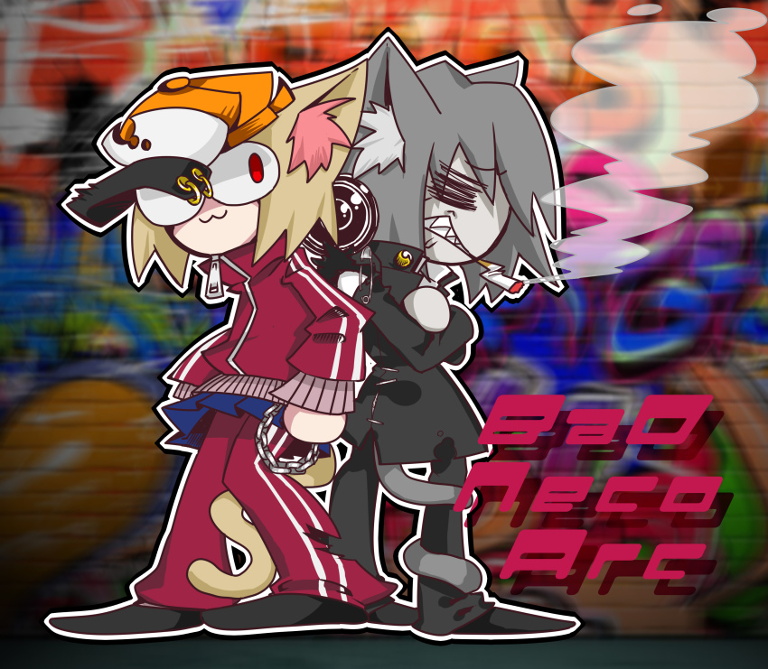 1boy 1girl :3 absurdres animal_ears black_footwear black_pants blue_skirt cat_boy cat_ears cat_girl cat_tail chain cigarette crossed_arms english_text graffiti grey_hair hat highres jacket juki. melty_blood neco-arc neco-arc_chaos orange_headwear pants pleated_skirt red_eyes safety_pin sharp_teeth short_hair skirt smoke smoking tail tail_around_own_leg teeth tsukihime urban zipper