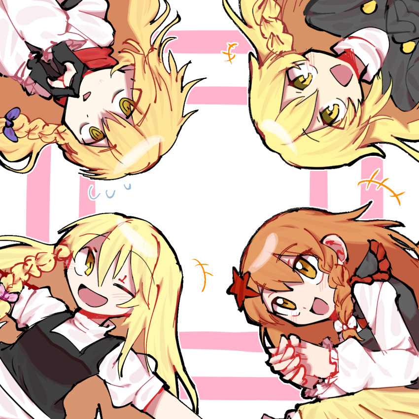 +++ 4girls azusa_(cookie) black_gloves black_vest blonde_hair blush bow braid buttons commentary_request cookie_(touhou) flying_sweatdrops gloves hair_bow hair_ornament highres hitsuji_tamura kirisame_marisa long_hair looking_at_viewer mars_(cookie) multiple_girls one_eye_closed open_mouth orange_eyes orange_hair own_hands_together partially_fingerless_gloves pink_background pink_bow puffy_short_sleeves puffy_sleeves purple_bow red_scarf red_star rei_(cookie) scarf shirt short_sleeves side_braid single_braid smile star_(symbol) star_hair_ornament touhou turtleneck turtleneck_shirt two-tone_background upper_body uzuki_(cookie) vest white_background white_bow white_shirt yellow_eyes