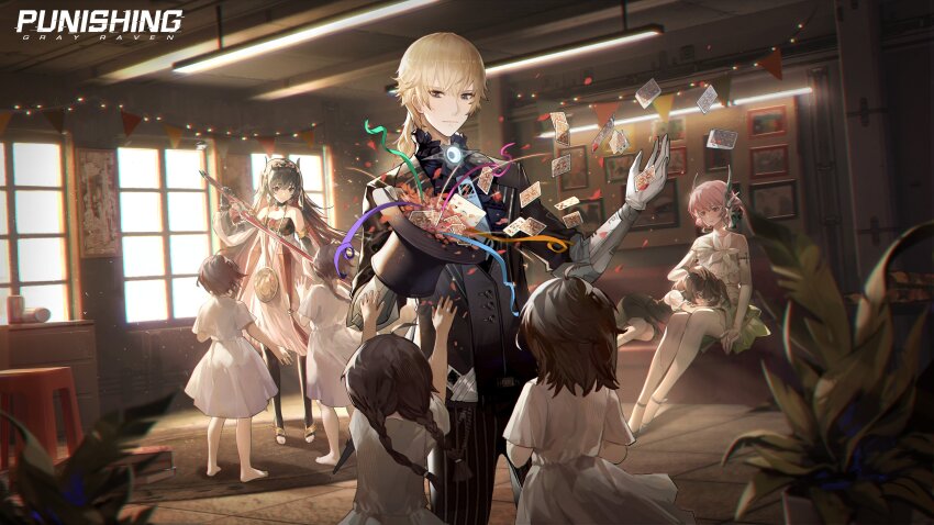 absurdres confetti hat highres holding holding_sword holding_weapon indoors lee:_entropy_(illusionist)_(pgr) lee:_entropy_(pgr) lee_(pgr) liv:_lux_(lingering_fragrance)_(pgr) liv_(pgr) lucia:_plume_(eventide_glow)_(pgr) lucia:_plume_(pgr) lucia_(pgr) magic magician official_alternate_costume official_art punishing:_gray_raven sword top_hat weapon