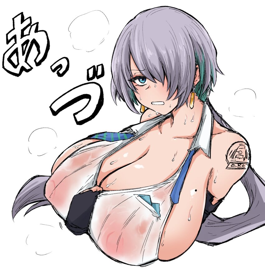 1girl backless_shirt bare_shoulders blue_eyes blue_necktie blush breasts brid_(nikke) bridal_gauntlets clenched_teeth collarbone colored_inner_hair earrings floating_earring goddess_of_victory:_nikke green_hair grey_hair hair_over_one_eye highres huge_breasts jewelry long_hair low-tied_long_hair mole mole_on_breast multicolored_hair necktie nipples shirt shoulder_tattoo sideboob sideless_shirt sleeveless solo striped_necktie sweat tatto tattoo teeth tkool_man white_shirt