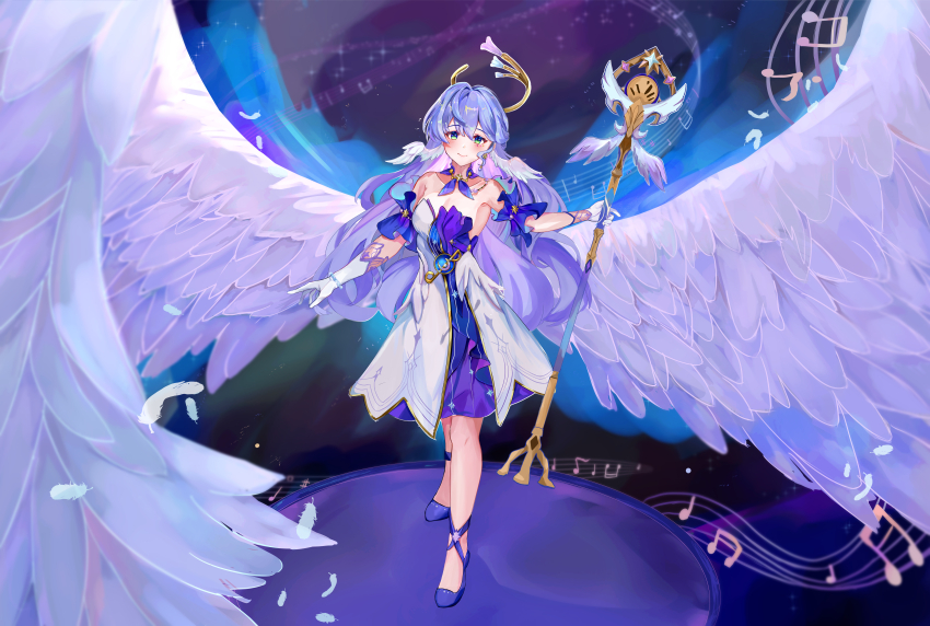 1girl absurdres angel angel_wings blue_eyes blue_hair dress ear_wings feathered_wings full_body halo highres holding holding_staff honkai:_star_rail honkai_(series) oversized_wings musical_note purple_dress robin_(honkai:_star_rail) sa_(user_mwtj3755) sleeveless sleeveless_dress smile solo staff standing strapless strapless_dress two-tone_dress white_dress wings