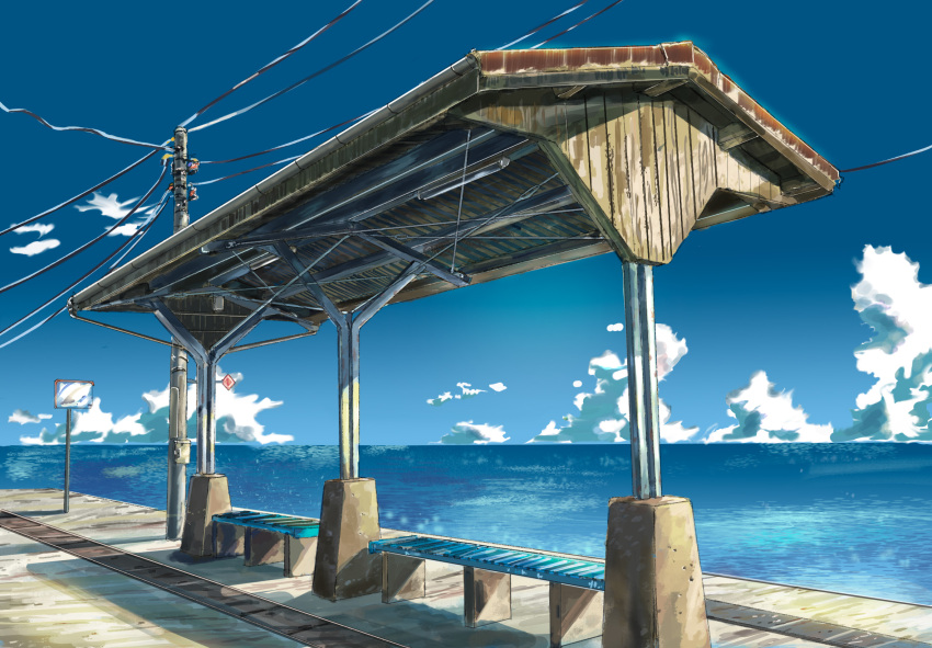 bench blue_sky cloud commentary_request day ehime_prefecture highres horizon mirror no_humans ocean original outdoors power_lines qdsn scenery shimonada_station sky summer train_station train_station_platform utility_pole