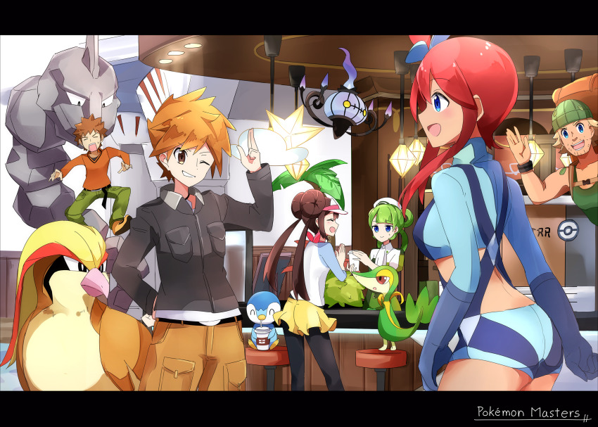 3boys 3girls a.a_(aa772) bad_id bad_pixiv_id black_legwear black_shirt blue_eyes blue_gloves blue_oak blue_shorts bow breasts brock_(pokemon) brown_hair brown_pants cafe capri_pants chandelure closed_eyes copyright_name double_bun from_side gen_1_pokemon gen_4_pokemon gen_5_pokemon gloves gym_leader hair_bun hair_ornament highres hiker_(pokemon) indoors letterboxed long_hair long_sleeves medium_breasts midriff multiple_boys multiple_girls nintendo onix orange_hair pants pantyhose pidgeot pink_bow piplup pokemon pokemon_(creature) pokemon_bw pokemon_bw2 pokemon_hgss pokemon_masters_ex pokemon_sm raglan_sleeves red_hair rosa_(pokemon) shirt short_shorts shorts skyla_(pokemon) snivy trinnia_(pokemon) twintails visor_cap yellow_shorts
