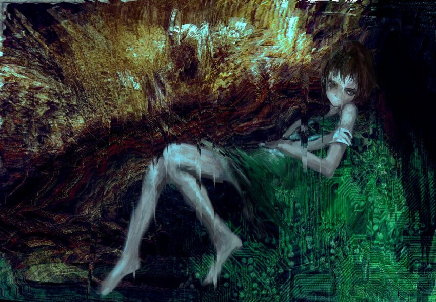 1girl abstract abstract_background bare_legs barefoot black_hair circuit_board circuit_board_print iwakura_lain looking_at_viewer lying nahzar777 no_mouth on_back serial_experiments_lain short_hair solo