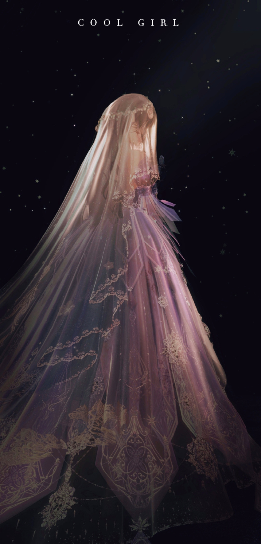 1girl bare_shoulders black_background black_hair bridal_veil bride chinese_commentary commentary_request dress english_text flower frilled_sleeves frills from_behind full_body gown head_wreath highres jiaopiupiu light_particles long_dress long_sleeves male_focus nikki_(series) off-shoulder_dress off_shoulder purple_dress see-through_clothes see-through_veil shining_nikki simple_background solo standing veil wedding_dress white_flower white_veil