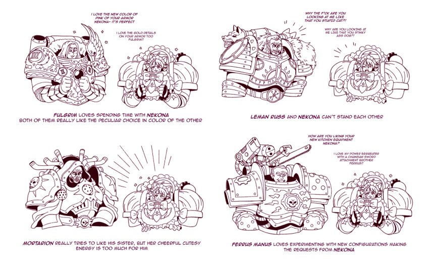 1girl 4boys :3 angry animal_ears animal_hands apron armor belt belt_buckle bow breastplate buckle cat_ears cat_girl cat_paws chainsaw chumiicham closed_mouth commentary death_guard emperor&#039;s_children english_commentary english_text ferrus_manus frilled_apron frills fulgrim happy happy_aura heart highres industrial_pipe iron_hands_(warhammer) leman_russ light_blush limited_palette lineart looking_at_another looking_down looking_up maid_apron maid_headdress mask mechabare mortarion multiple_boys nekona_(chumiicham) original pauldrons paw_print power_armor primarch rebreather rerebrace respirator scar scar_across_eye scar_on_face shoulder_armor shouting simple_background size_difference skull_belt skull_ornament space_maids_(chumiicham) space_wolves sparkle thick_eyebrows upper_body warhammer_40k