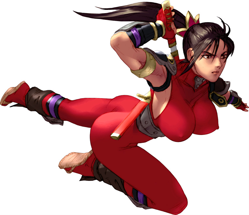 absurdres black_hair blade breasts covered_erect_nipples highres jumping kodachi ninja large_breasts ninja nipples official_art short_sword soul_calibur soulcalibur soulcalibur_ii spandex sword tabi taki_(soulcalibur) weapon