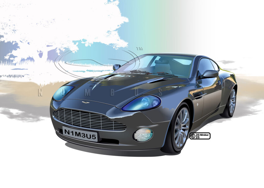 2025 artist_name aston_martin aston_martin_vanquish car commentary_request dated grass grey_car license_plate logo motor_vehicle nimbus_goldbrum no_humans original product_placement shadow silhouette simple_background sports_car tree vehicle_focus watermark white_background