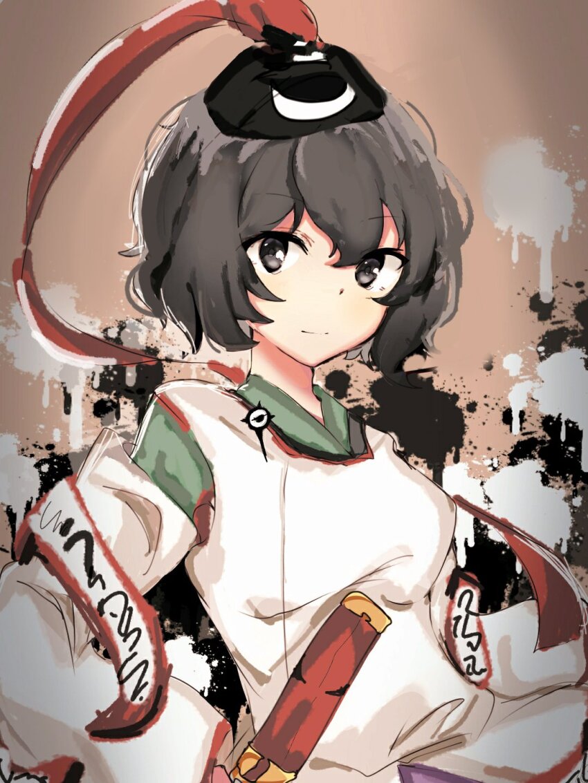 1other androgynous black_eyes black_hair black_headwear brown_background closed_mouth commentary detached_sleeves english_commentary eye_of_senri eye_on_hat hat hat_ribbon highres holding holding_rod huangdouliuhan japanese_clothes jinbei_(clothes) kariginu layered_sleeves len&#039;en light_smile long_sleeves looking_at_viewer ofuda ofuda_on_clothes paint_splatter red_ribbon ribbon rod senri_tsurubami short_hair sketch upper_body white_sleeves