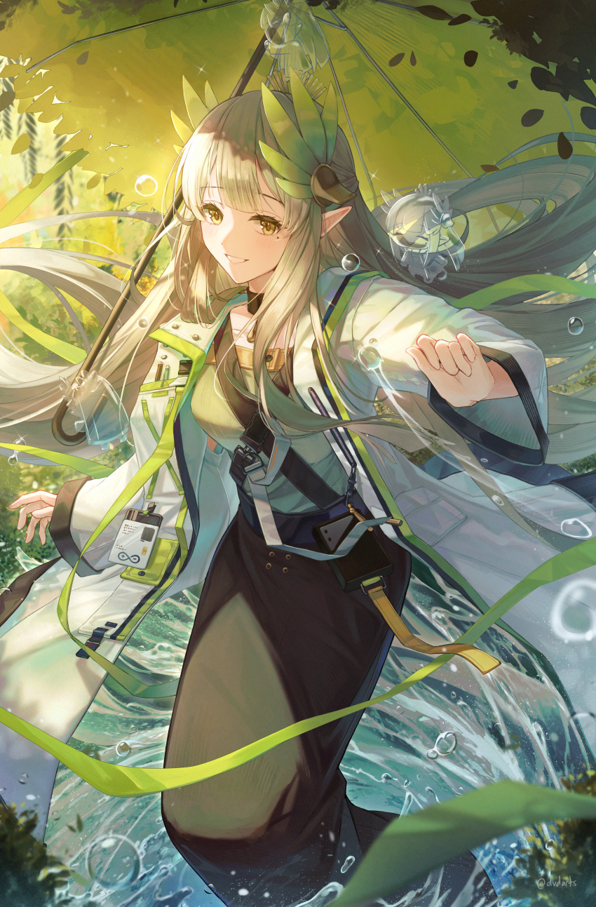 1girl absurdres arknights black_choker black_skirt brown_eyes brown_hair choker coat collarbone colored_skin commentary dvdarts green_skin highres id_card long_hair long_skirt long_sleeves mole mole_under_eye muelsyse_(arknights) open_clothes open_coat pointy_ears skirt smile solo teeth umbrella water white_coat