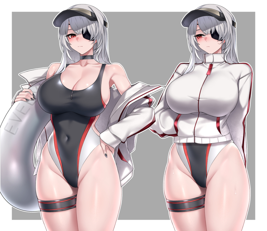 1girl absurdres black_choker black_nails border breasts character_name choker cleavage closed_mouth commission covered_navel cowboy_shot curvy dogs_(dlrkdejr26) evelyn_(neural_cloud) evelyn_(steel_shark_of_the_blue_sea)_(neural_cloud) eyepatch fingernails girls&#039;_frontline girls&#039;_frontline_neural_cloud grey_background hand_in_jacket hand_on_own_hip highres holding innertube jacket jacket_over_swimsuit large_breasts long_hair looking_at_viewer looking_to_the_side nail_polish off_shoulder one-piece_swimsuit open_clothes open_jacket red_eyes sweatdrop swim_ring swimsuit thigh_strap visor_cap wet white_border white_hair white_jacket