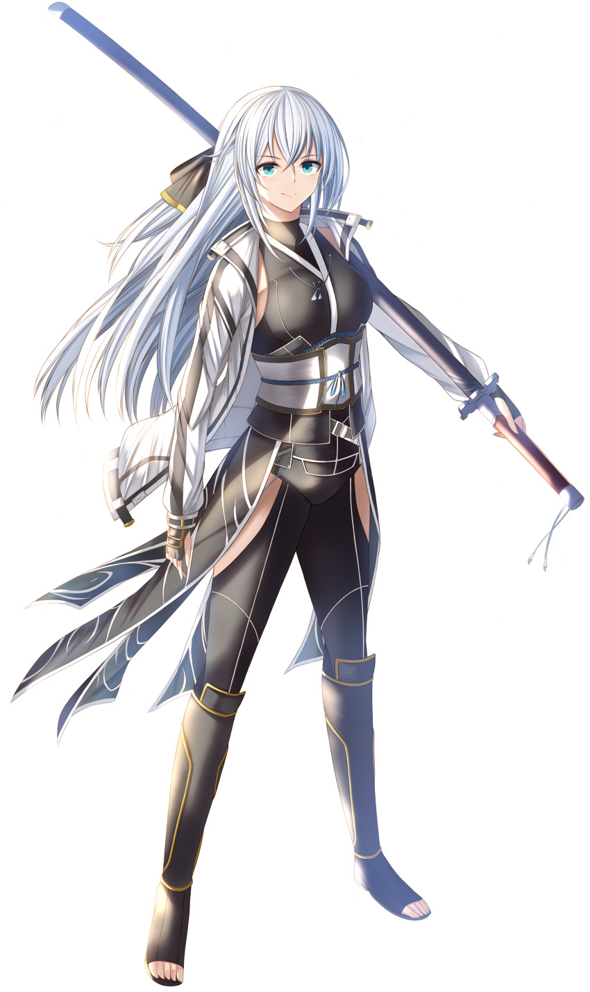 1girl absurdres blue_eyes bow clothing_cutout coat double-parted_bangs eiyuu_densetsu fingerless_gloves full_body gloves green_eyes hair_between_eyes hair_bow highres holding holding_sword holding_weapon huge_weapon kanpyou_(hghgkenfany) kuro_no_kiseki_(series) kuro_no_kiseki_i long_hair open_clothes open_coat shizuna_rem_misurugi solo sword thigh_cutout thighhighs toeless_legwear transparent_background weapon