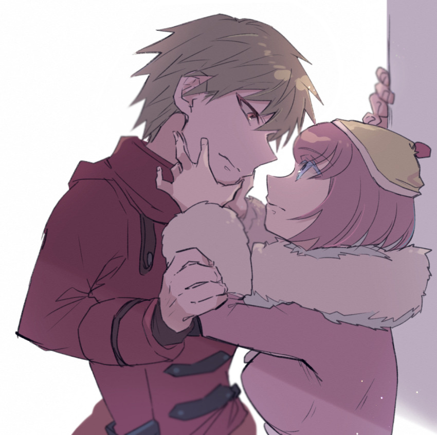 1boy 1girl against_wall ando_ruruka blonde_hair danganronpa_(series) danganronpa_3_(anime) eye_contact from_side fur-trimmed_jacket fur_collar fur_trim izayoi_sounosuke jacket kuzuhana long_sleeves looking_at_another pink_hair pink_jacket profile red_jacket short_hair simple_background white_background