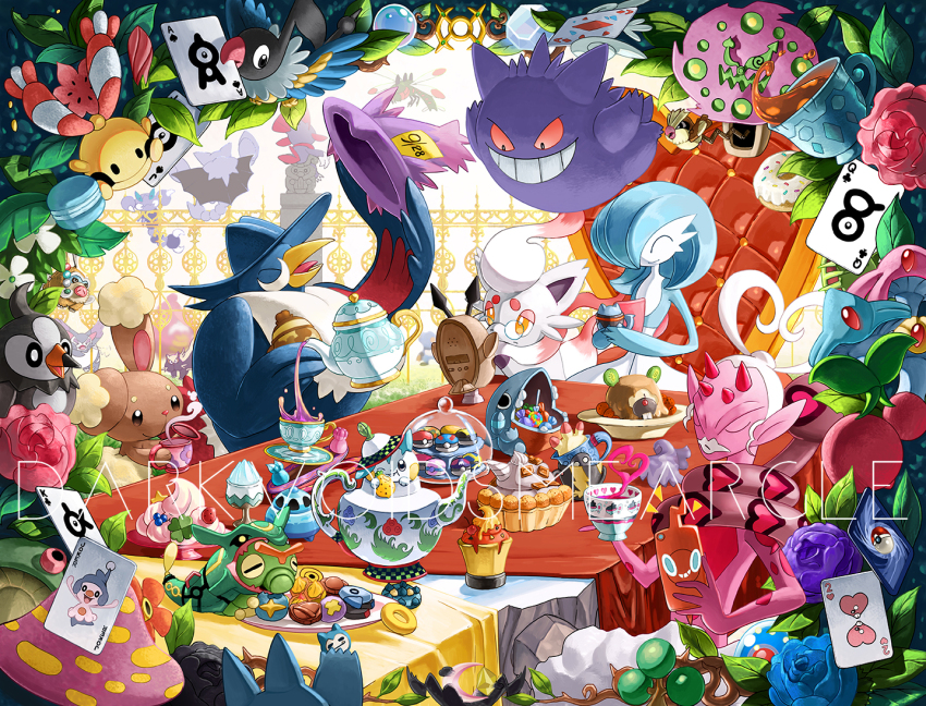 ^_^ alcremie alcremie_(strawberry_sweet) alternate_color berry_(pokemon) bespectacled bird black_eyes breloom bright_pupils brown_eyes buneary candy card caterpie chair chatot chingling closed_eyes closed_mouth commentary cosplay cup darkvoiddoble donut enamorus enamorus_(incarnate) fence flower food gardevoir gen_1_pokemon gen_2_pokemon gen_3_pokemon gen_4_pokemon gen_8_pokemon gible glasses gliscor hisuian_zorua holding holding_phone honchkrow kricketot legendary_pokemon lollipop mamoswine mesprit mime_jr. munchlax nintendo open_mouth pachirisu parasect phone pidgey pink_flower plate playing_card pokemon pouring rayquaza rayquaza_(cosplay) rotom rotom_phone saucer shiny_pokemon sitrus_berry skorupi smile spiritomb starly statue table tangrowth tea_party teacup teapot tongue unown uxie weavile white_pupils yanmega