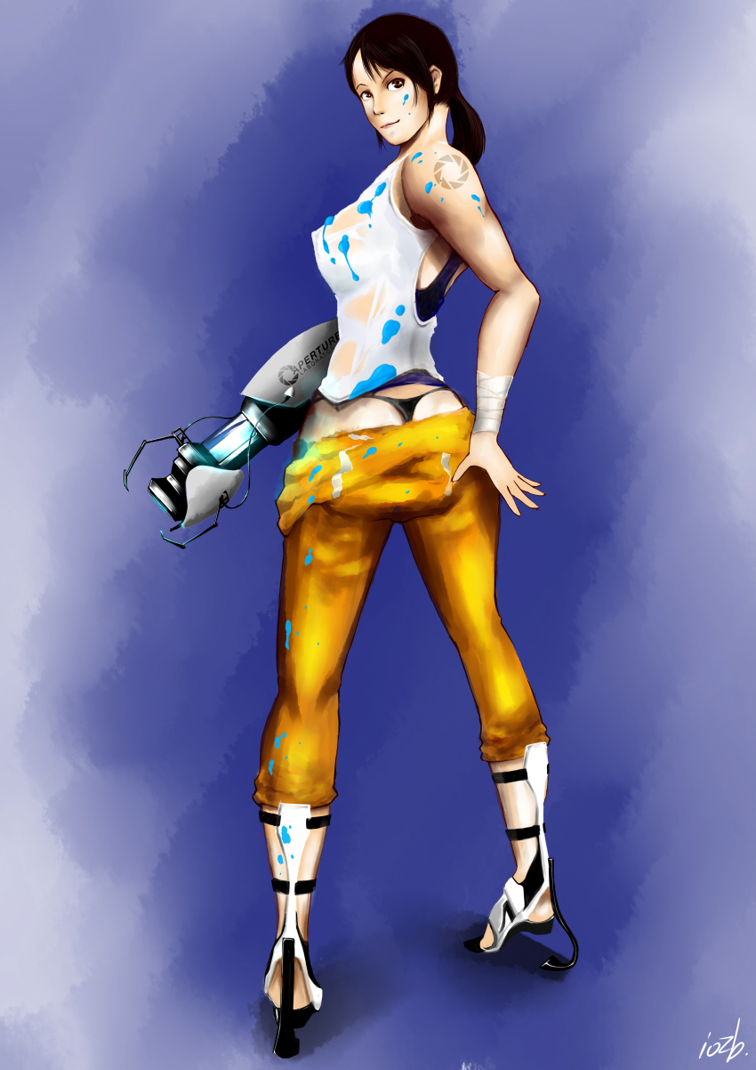 1girl absurdres aperture_science_advanced_knee_replacement aperture_science_handheld_portal_device ass black_hair breasts chell female_focus from_behind highres iozb jumpsuit large_breasts long_hair orange_jumpsuit paint_splatter ponytail portal portal_(series) portal_1 portal_2 smile solo tank_top tattoo thong tiptoes valve