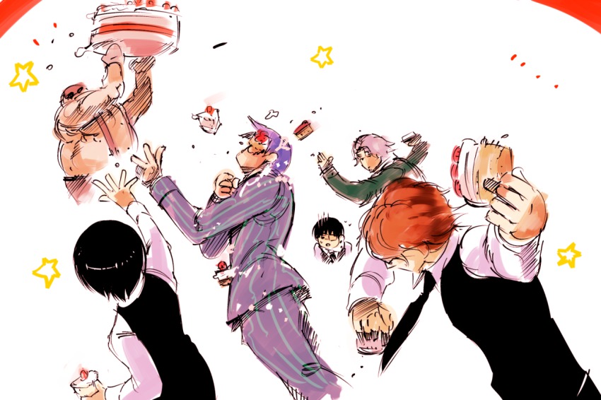 10s 1girl black_hair brown_hair cake food formal_clothes fruit in_the_face ishida_sui kaneki_ken kirishima_touka necktie nishio_nishiki orange_hair purple_hair sketch star_(symbol) strawberry strawberry_shortcake suit tokyo_ghoul tsukiyama_shuu white_background yomo_renji