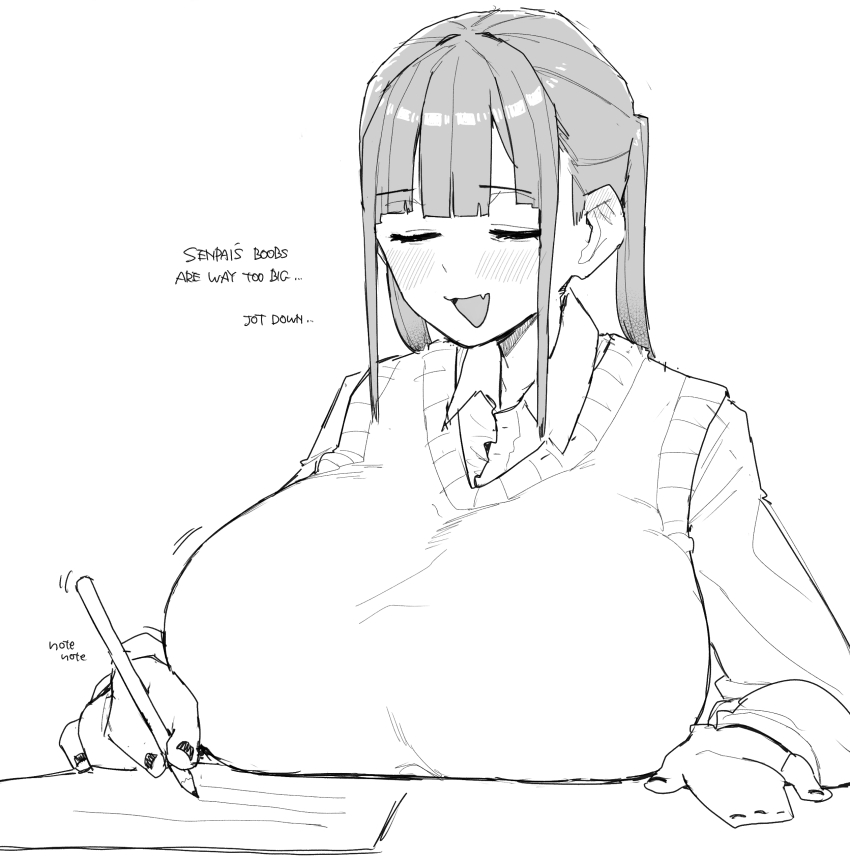 1girl :d absurdres blunt_bangs blush boobs_kouhai_(ohasi) breasts closed_eyes collared_shirt commentary dress_shirt ear_blush english_text fang greyscale hand_on_table highres holding holding_pencil huge_breasts long_sleeves monochrome motion_lines ohasi open_mouth original pencil school_uniform shirt sidelocks simple_background skin_fang smile solo sweater_vest symbol-only_commentary twintails upper_body white_background writing